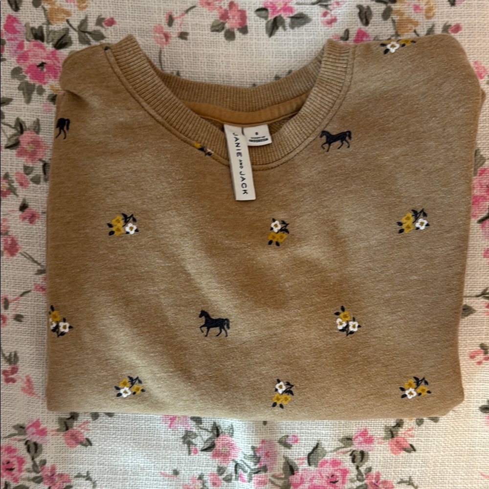 Janie and Jack Girls Tan Sweatshirt with Horse and Floral Accents